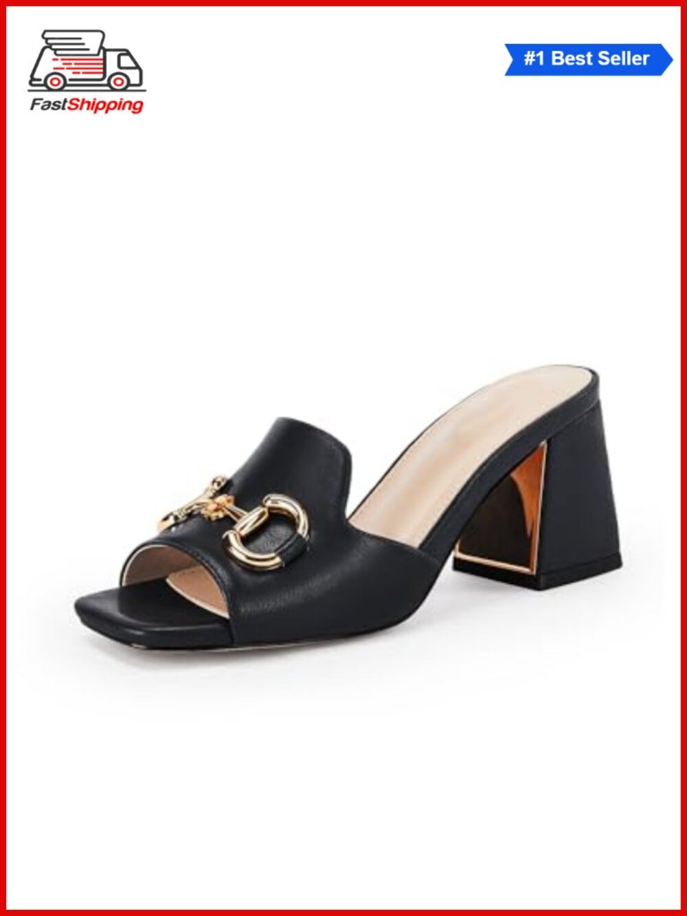 Women's Peep Toe Chunky Heel Slide Sandals Metal Chain Slip-On Mules
